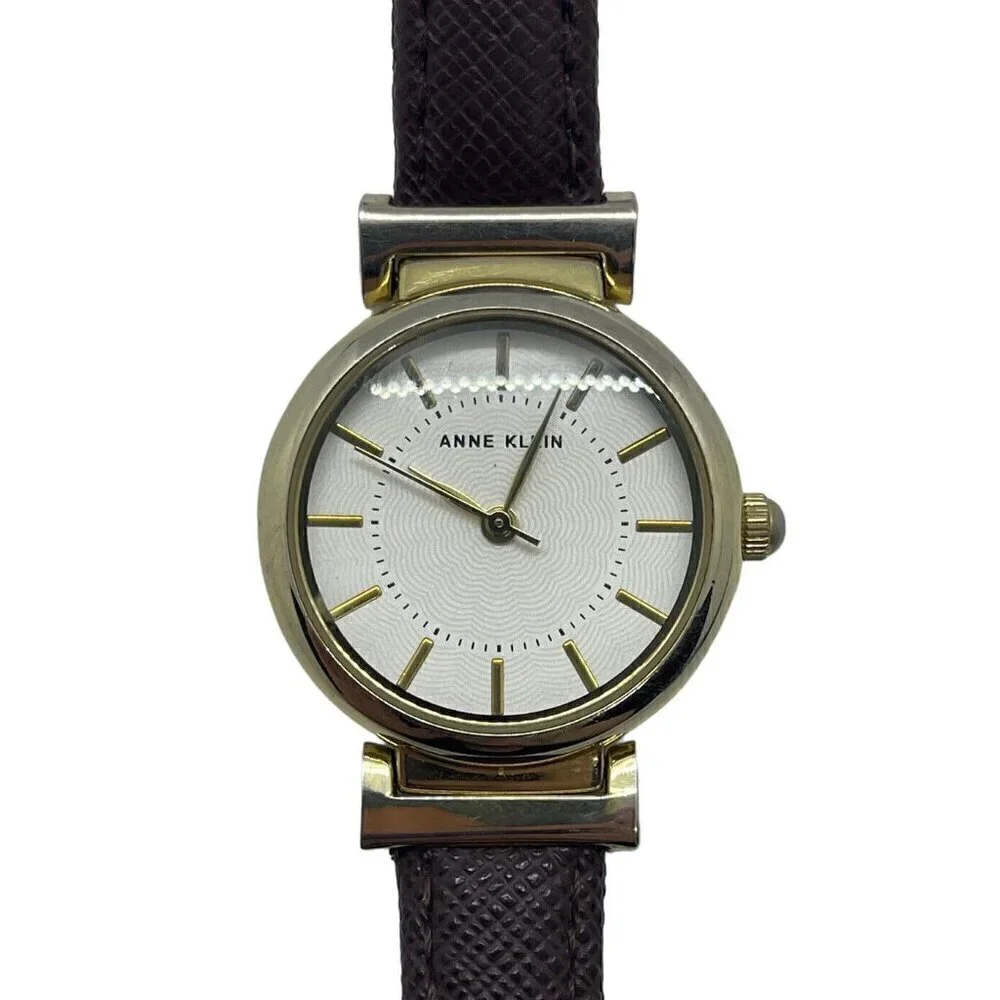 Anne Klein Women's Watch AK/2500 Round Gold Tone Case Brown Faux Leather Band